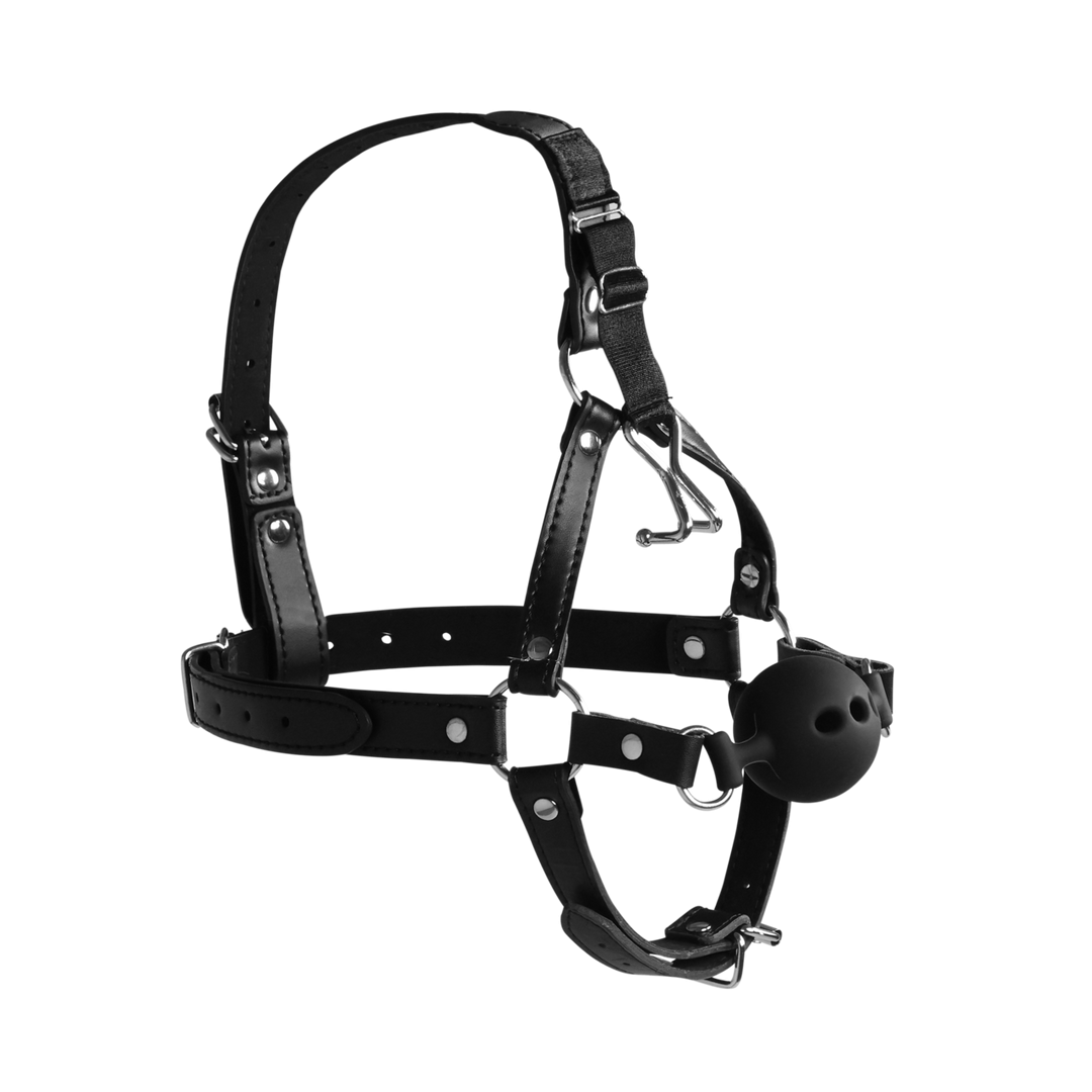 Head Harness with Breathable Ball Gag and Nose Hooks