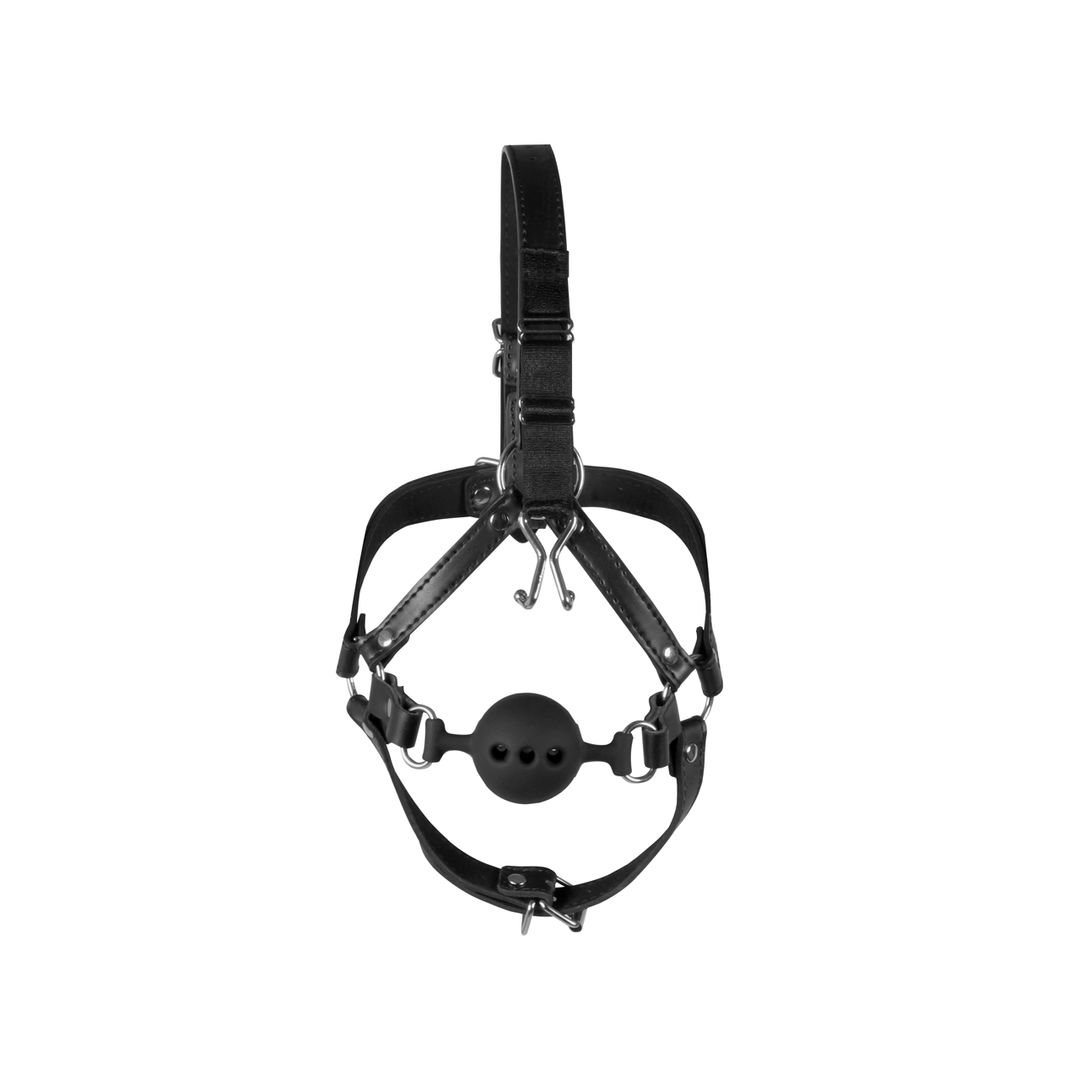 Head Harness with Breathable Ball Gag and Nose Hooks