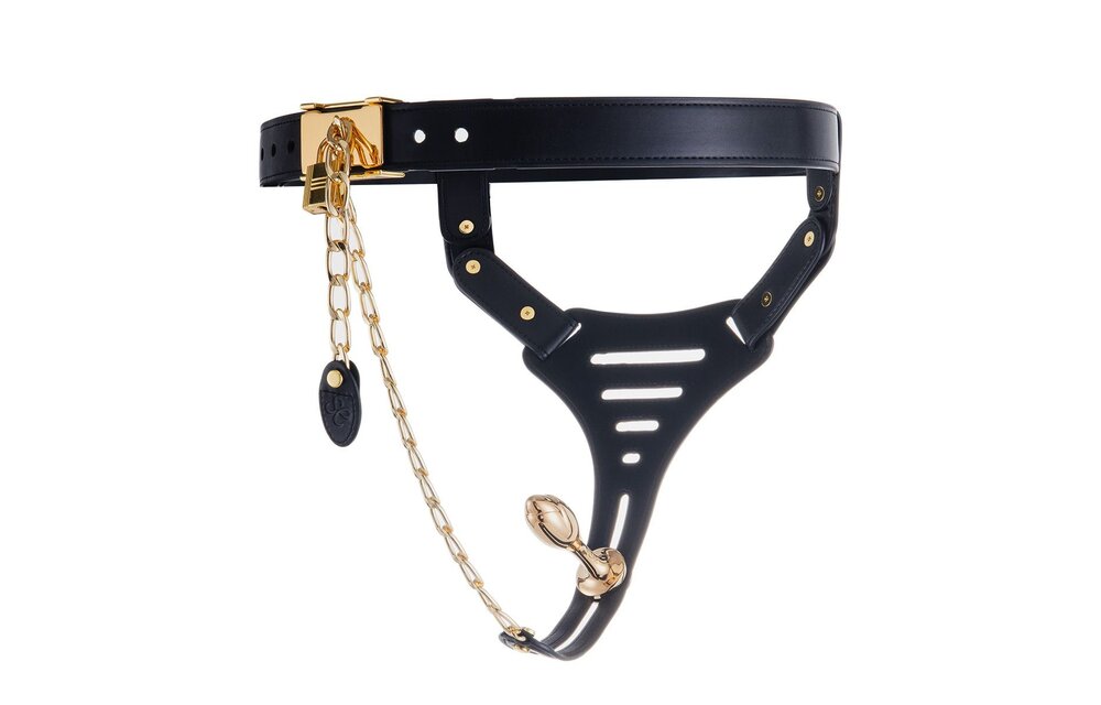 Sevanda Beg Keuschheitsgürtel Gold & Schwarz mit Edelstein-Plug