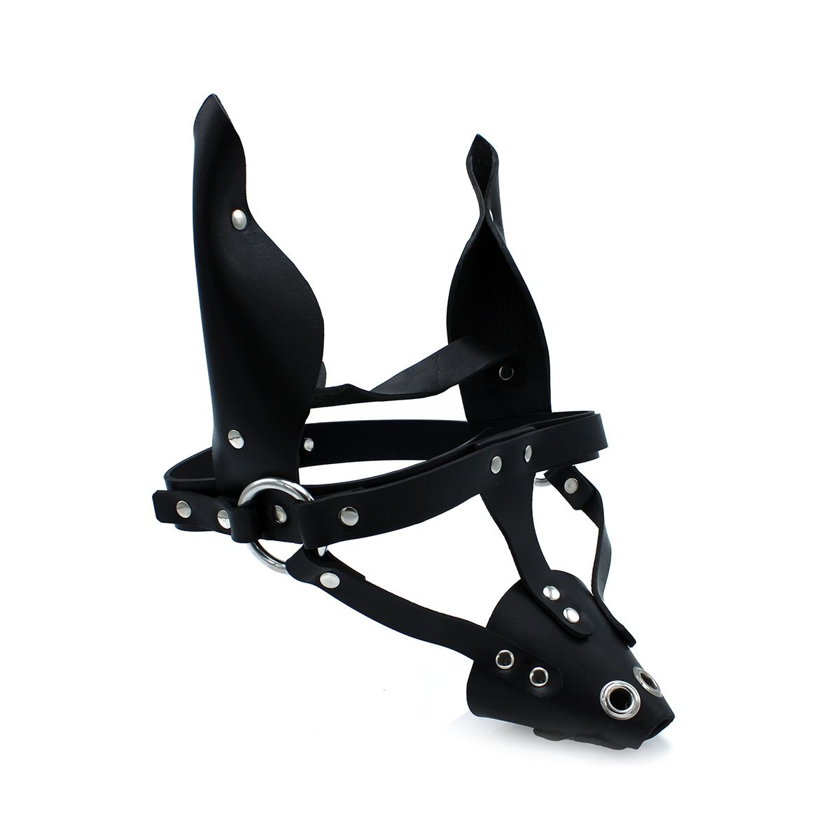 Schwarze Ledermaske für Hunde mit Ohren und Schnauze