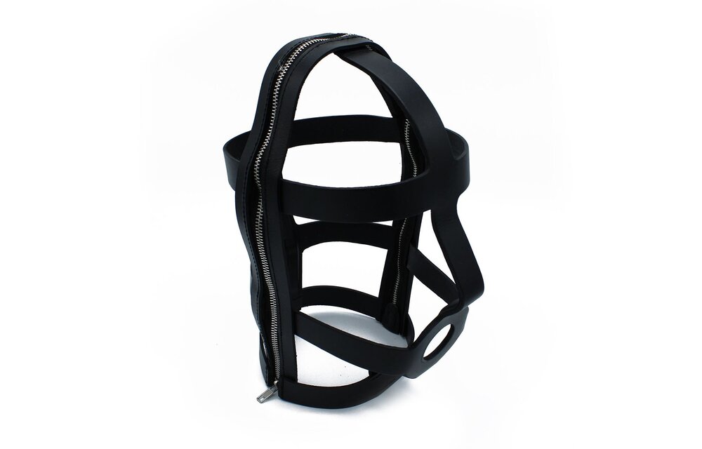 Schwarzer Leder-Kopfkäfig mit Reißverschluss – Verstellbar & sicher