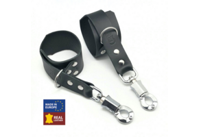 Leather Handcuffs Black With Anti-Panic Carabiner | Red Leather