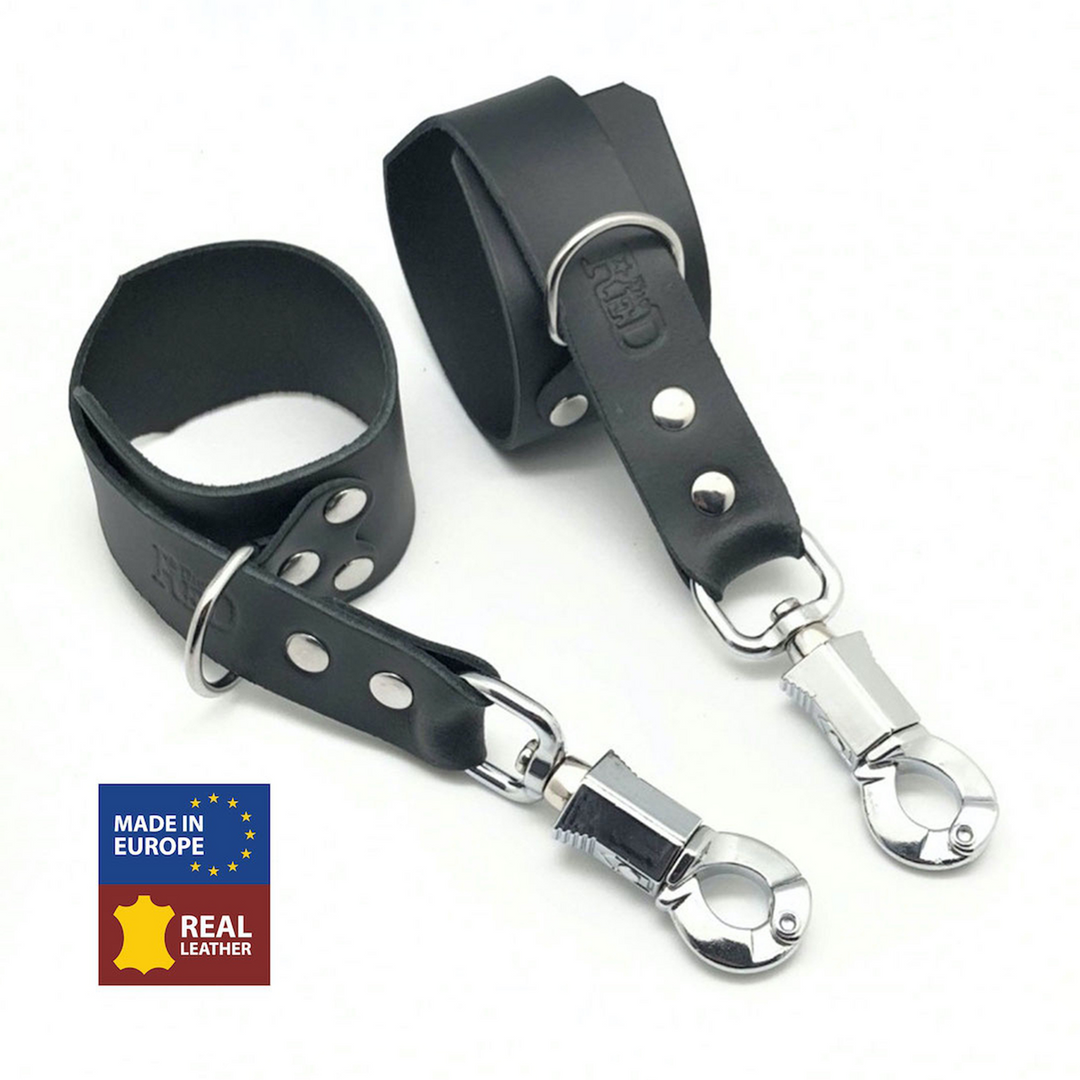 Leather Handcuffs with Anti-Panic Carabiner - Black