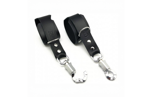 Leather Handcuffs with Anti-Panic Carabiner - Black