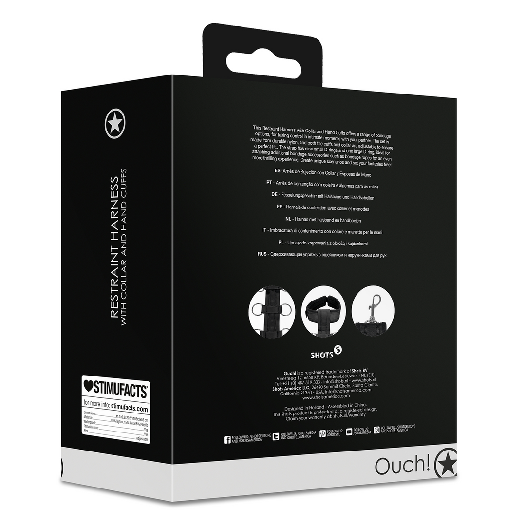 Fesselgeschirr mit Halsband und Handschellen – verstellbar, schwarz