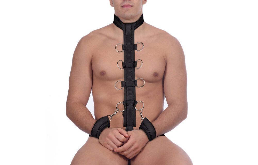 Restraint Harness with Collar and Hand Cuffs - Black