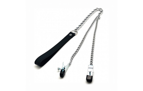 Brustklammern mit Leine 55 cm – Luxuriöses schwarzes/silbernes Leder