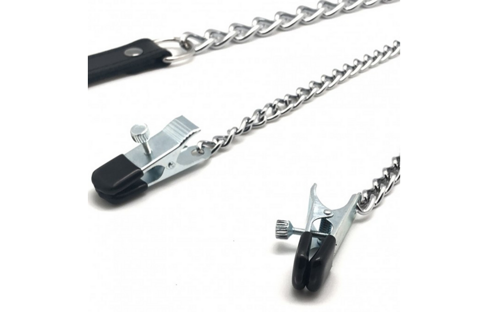 Borstenklemmen Met Leash 55 Cm – Luxe Zwart/Zilver Leer