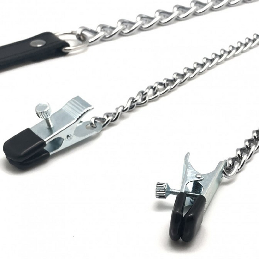 Nipple Clamps With Leash 55 cm – Luxury Black/Silver Leather