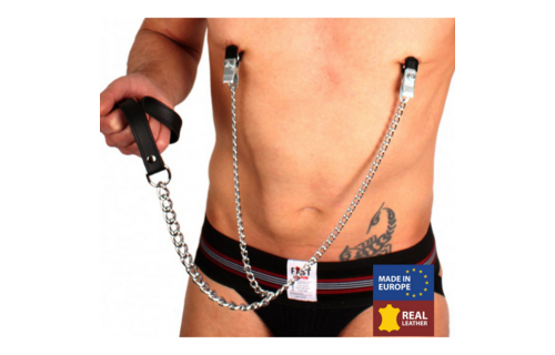 Borstenklemmen Met Leash 55 Cm – Luxe Zwart/Zilver Leer