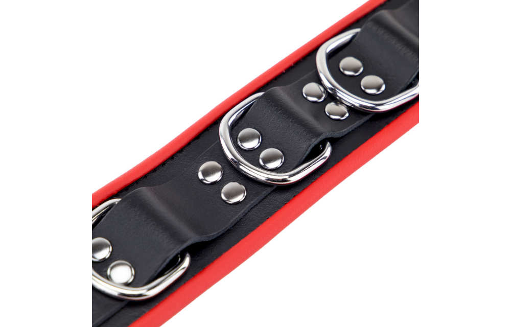 Leren Ketting 3 D Ringen - Rood/Zwart