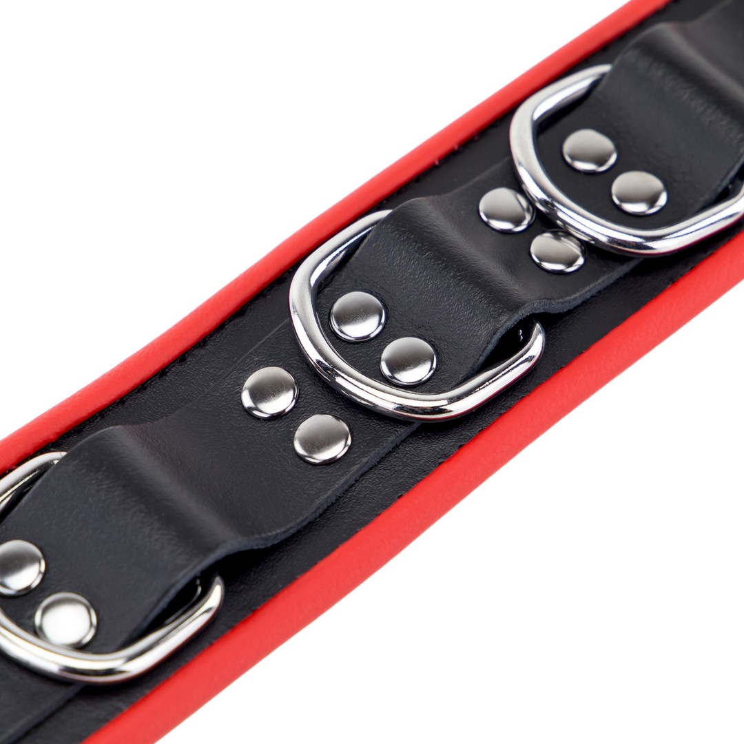 Leren Ketting 3 D Ringen - Rood/Zwart