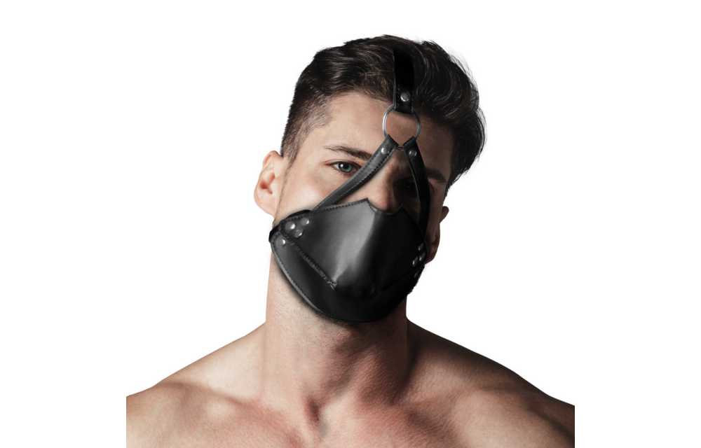 Head Harness with Mouth Cover and Solid Ball Gag - Black