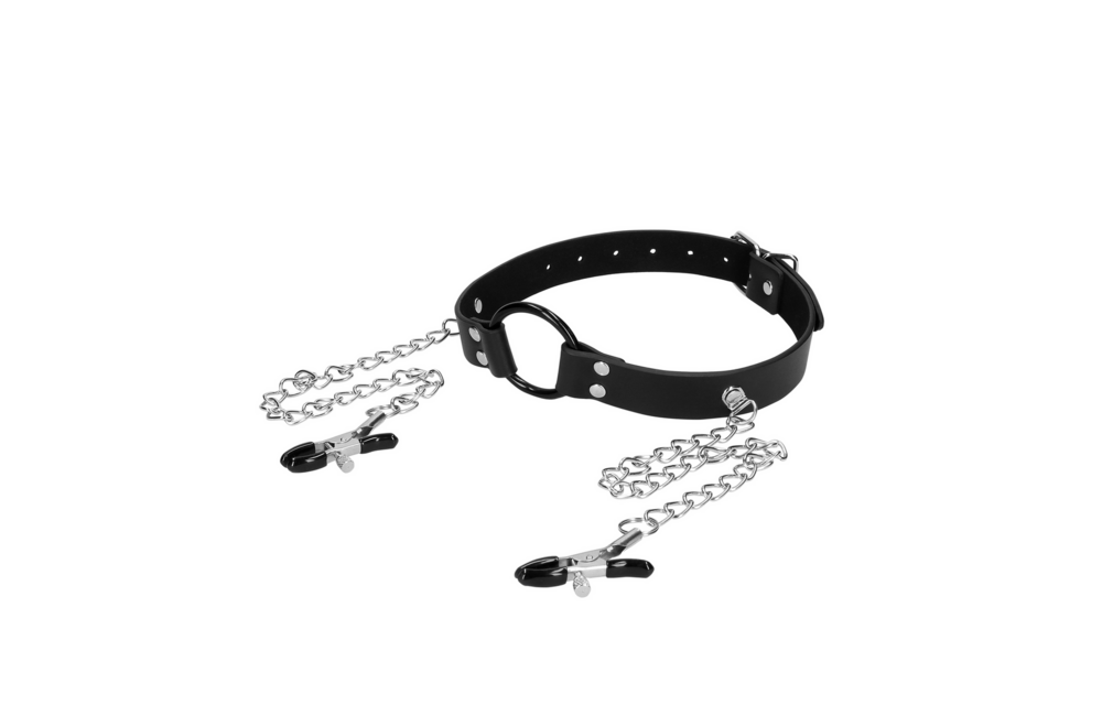 O-Ring Gag with Nipple Clamps Black - Ultimate BDSM Control