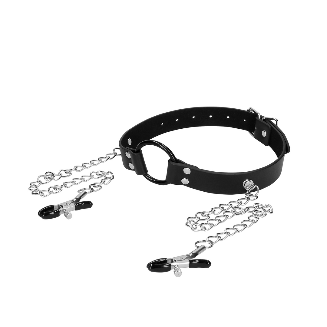 O-Ring Gag with Nipple Clamps Black - Ultimate BDSM Control