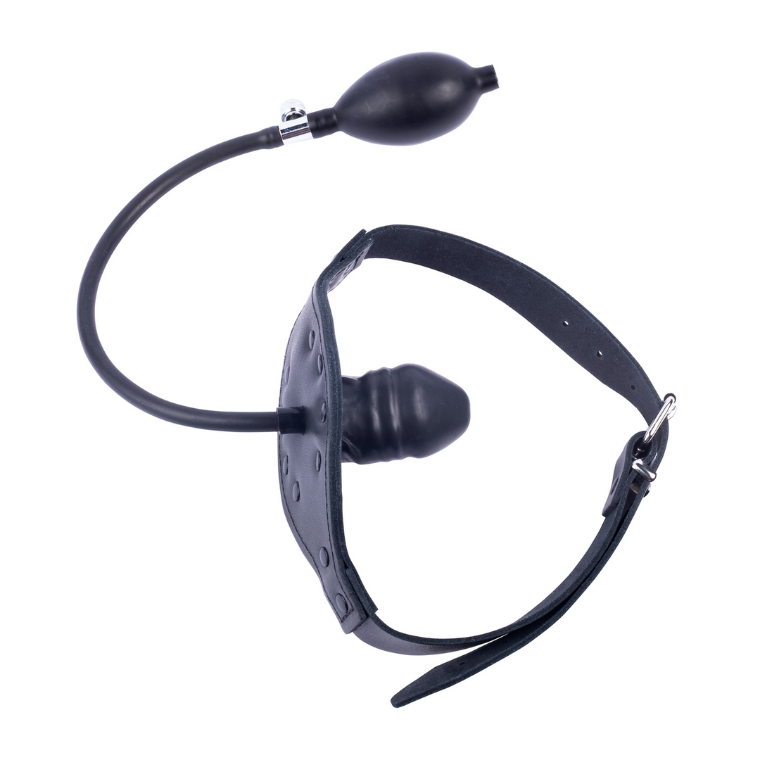 Leather Gag Black With Inflatable Penis Tip - Tough & Adjustable