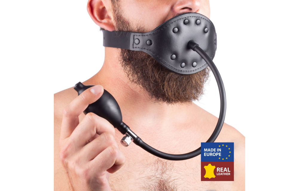 Leather Gag Black With Inflatable Penis Tip - Tough & Adjustable