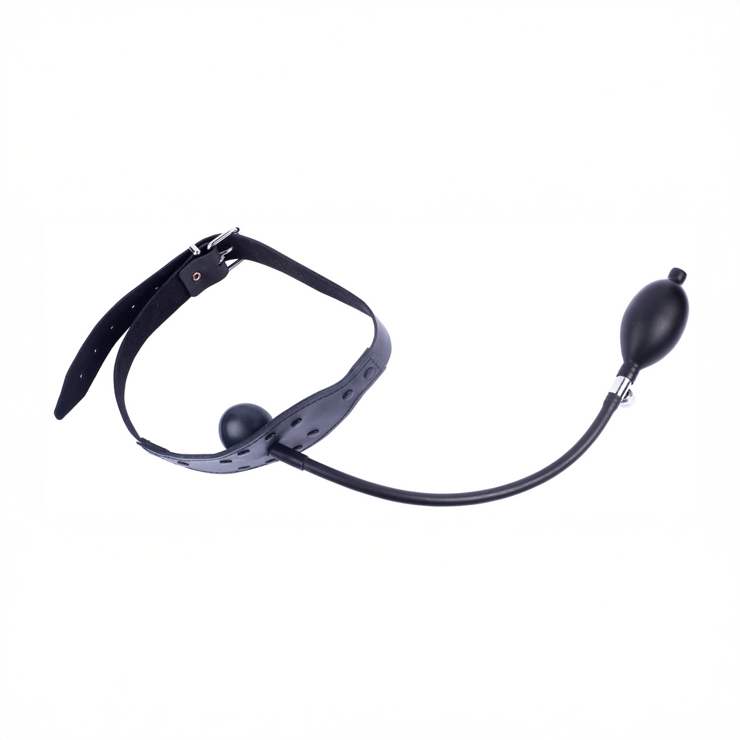 Leather Mouth Gag Black - Comfortable Inflatable Ball