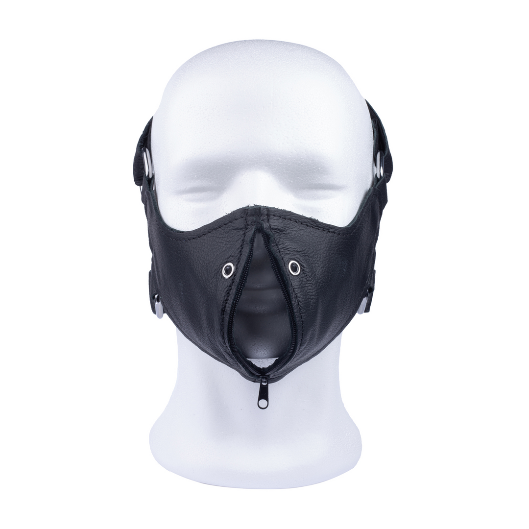 Leder Maske mit Reißverschluss - Schwarz