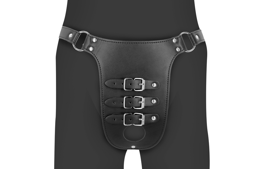 PU Leather Chastity Belt with Straps - Black
