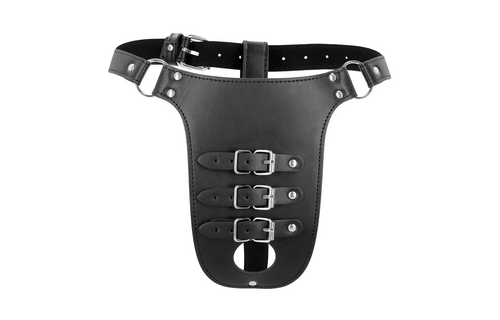 PU Leather Chastity Belt with Straps - Black