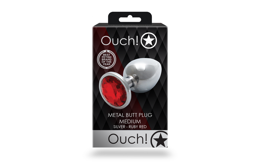 Round Gem Butt Plug - Medium - Silver/Ruby Red