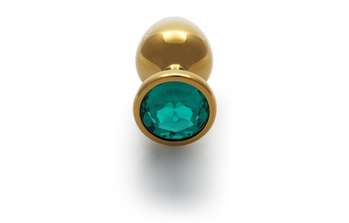 Round Gem Butt Plug - Medium - Gold/Emerald Green
