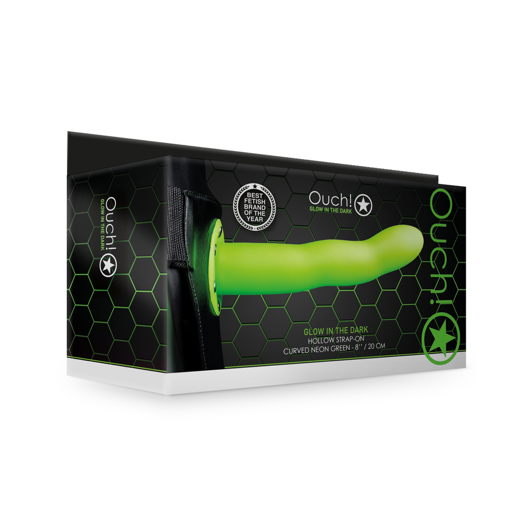 Glow in the Dark Curved Hollow Strap-On - 8 / 20 cm - Neon Groen