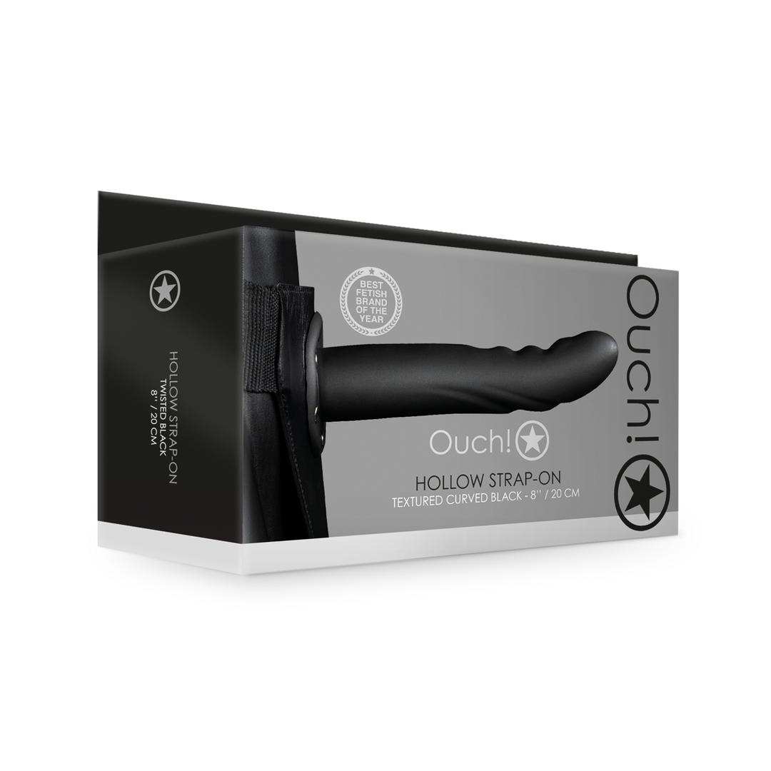 Getextureerde Gebogen Holle Strap-On Zwart - 15,2 cm