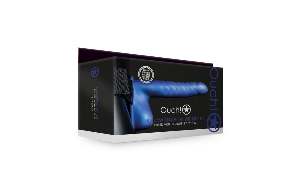 Geribbelde Holle Strap-On 9,9cm - Verstelbaar & Metallic Blauw