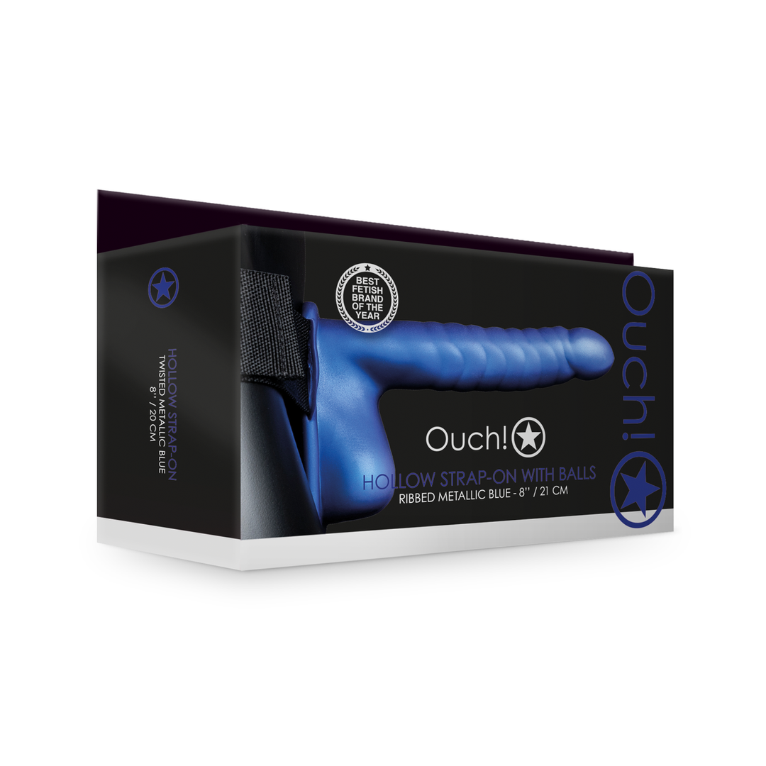 Geribbelde Holle Strap-On 9,9cm - Verstelbaar & Metallic Blauw