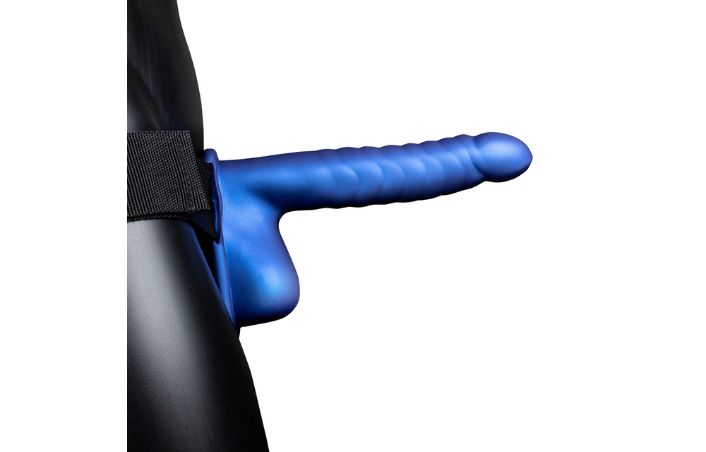 Ribbed Hollow Strap-On 9.9 cm – Adjustable & Metallic Blue