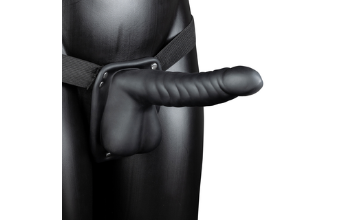 Geribbelde Hollow Strap-On met Ballen - 8 / 21 cm - Zwart