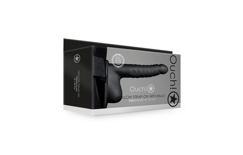 Ribbed Hollow Strap-On with Balls - 8 / 21 cm - Black