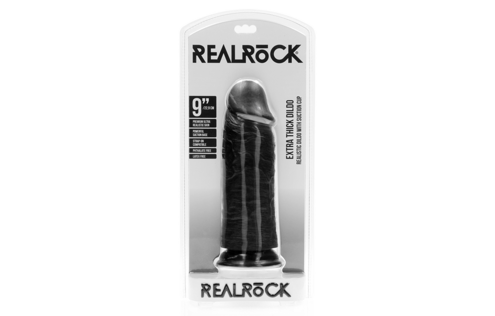 Extra dick, gerade, ohne Hoden, 9/23 cm, schwarz – RealRock PVC