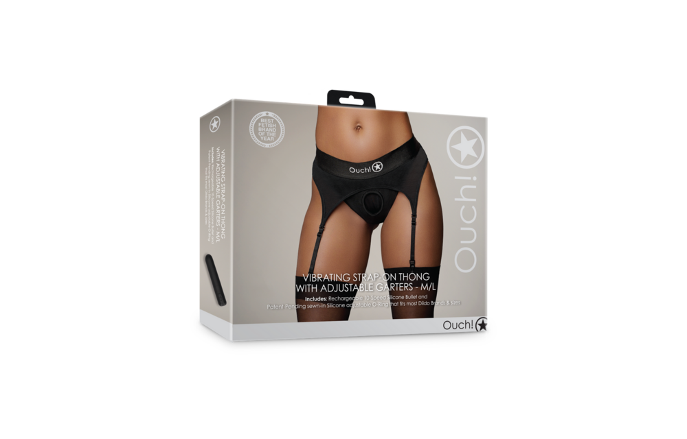Vibrierender Strap-on-Tanga M/L Schwarz – Verstellbarer Strumpfhalter
