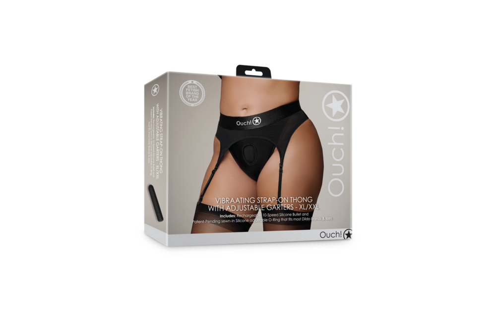 Vibrating Strap-on Thong with Adjustable Garters - XL/XXL - Black