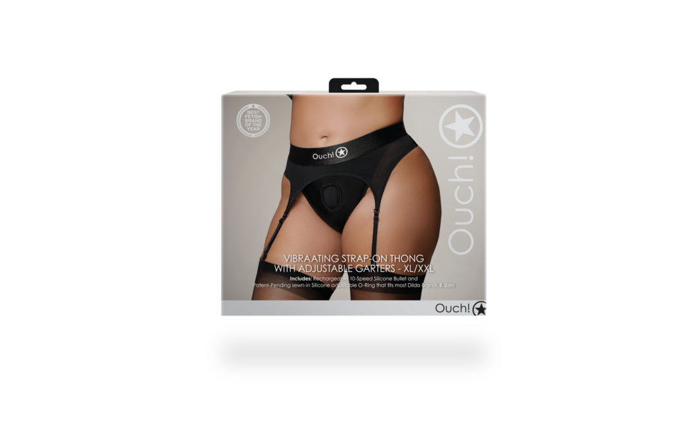 Vibrating Strap-on Thong with Adjustable Garters - XL/XXL - Black