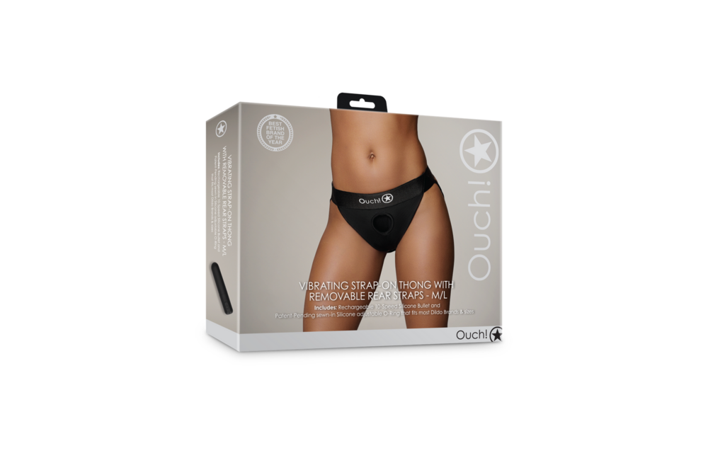 Vibrerende Strap-on Thong met Verwijderbare Butt Straps - M/L - Zwart