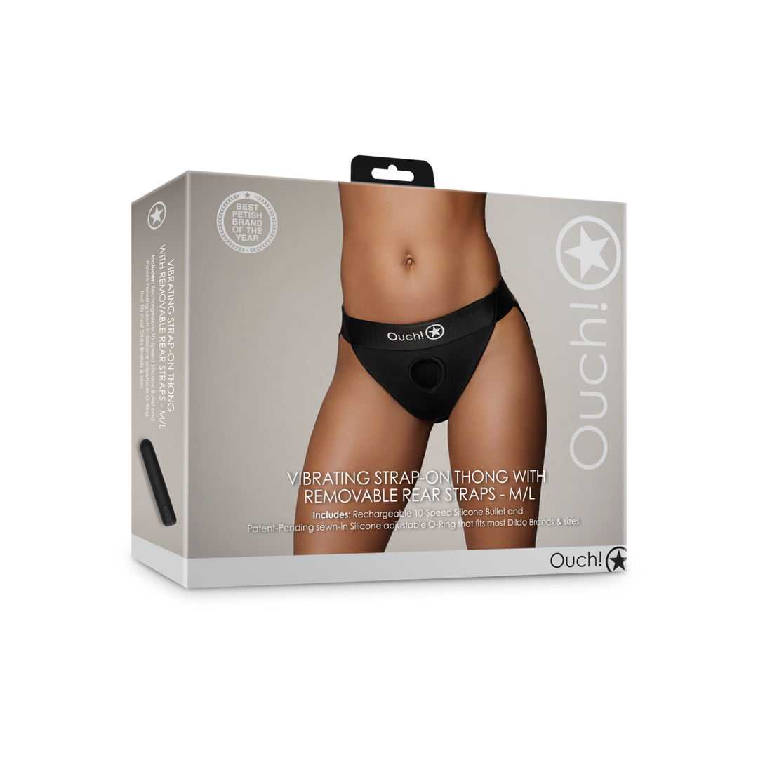 Vibrierender Strap-on-Tanga mit abnehmbaren Butt-Straps - M/L - Schwarz