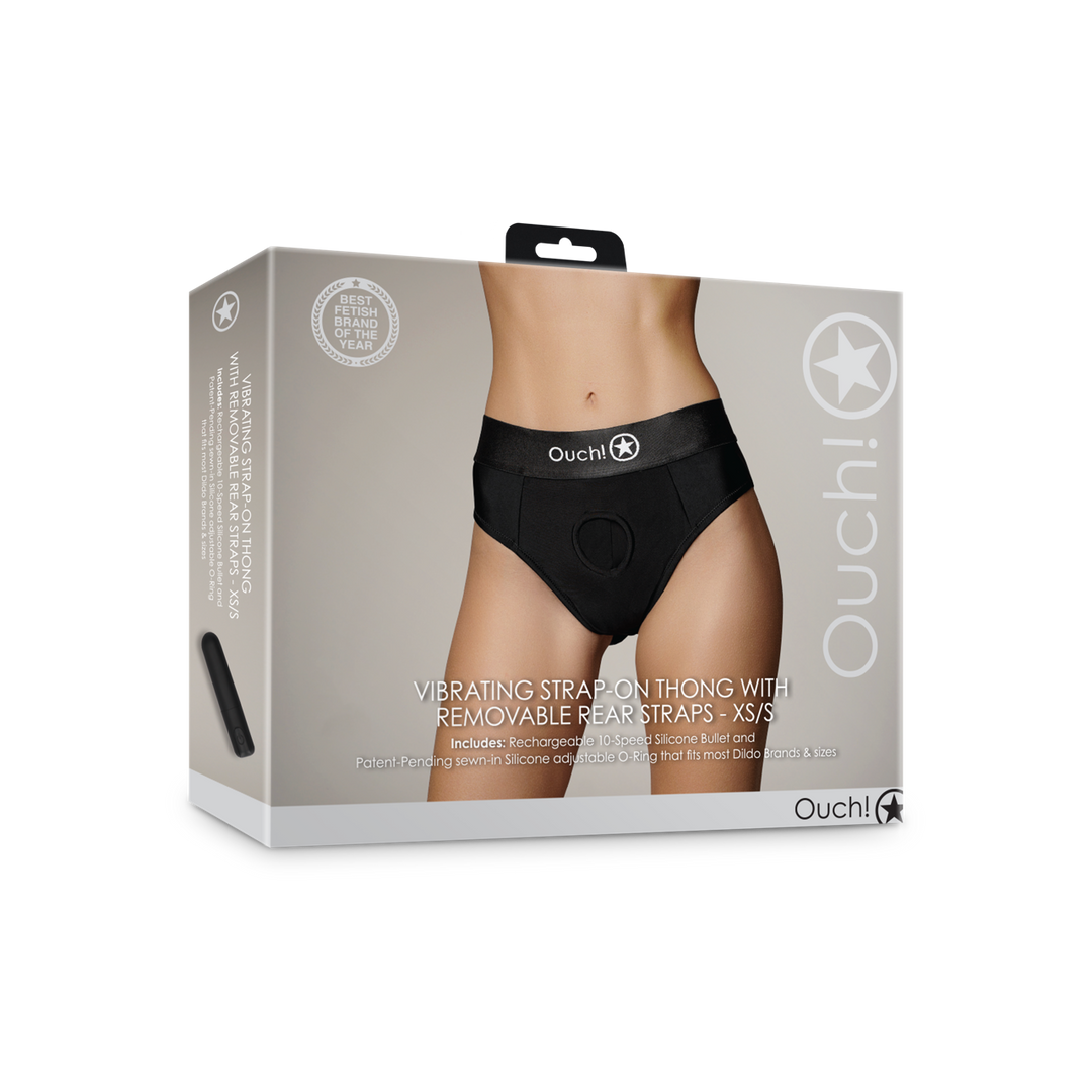 Vibrerende Strap-on Thong met Verwijderbare Butt Straps - XS/S - Zwart