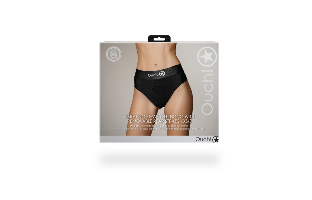 Vibrerende Strap-on Thong met Verwijderbare Butt Straps - XS/S - Zwart