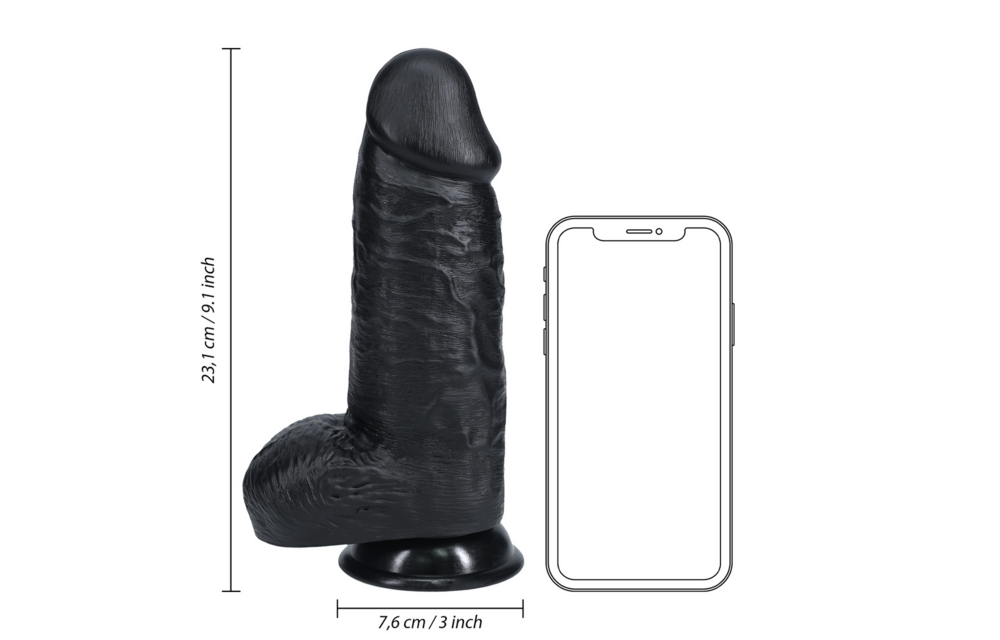 Extra dick, gerade, mit Hoden, 7,6 cm, schwarz – RealRock Dildo