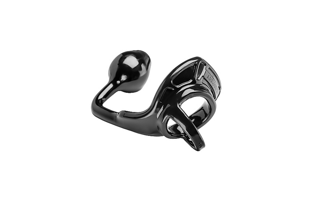 Rüstungs-Zugverschluss - Cockring mit Ballstrap und Analplug - Mittel