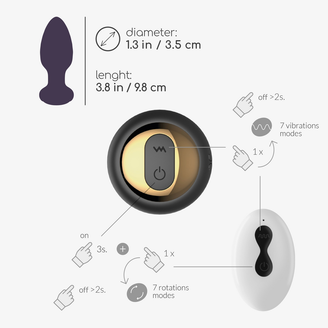 Twister 6 cm - Rotating Anal Plug Black with Remote Control