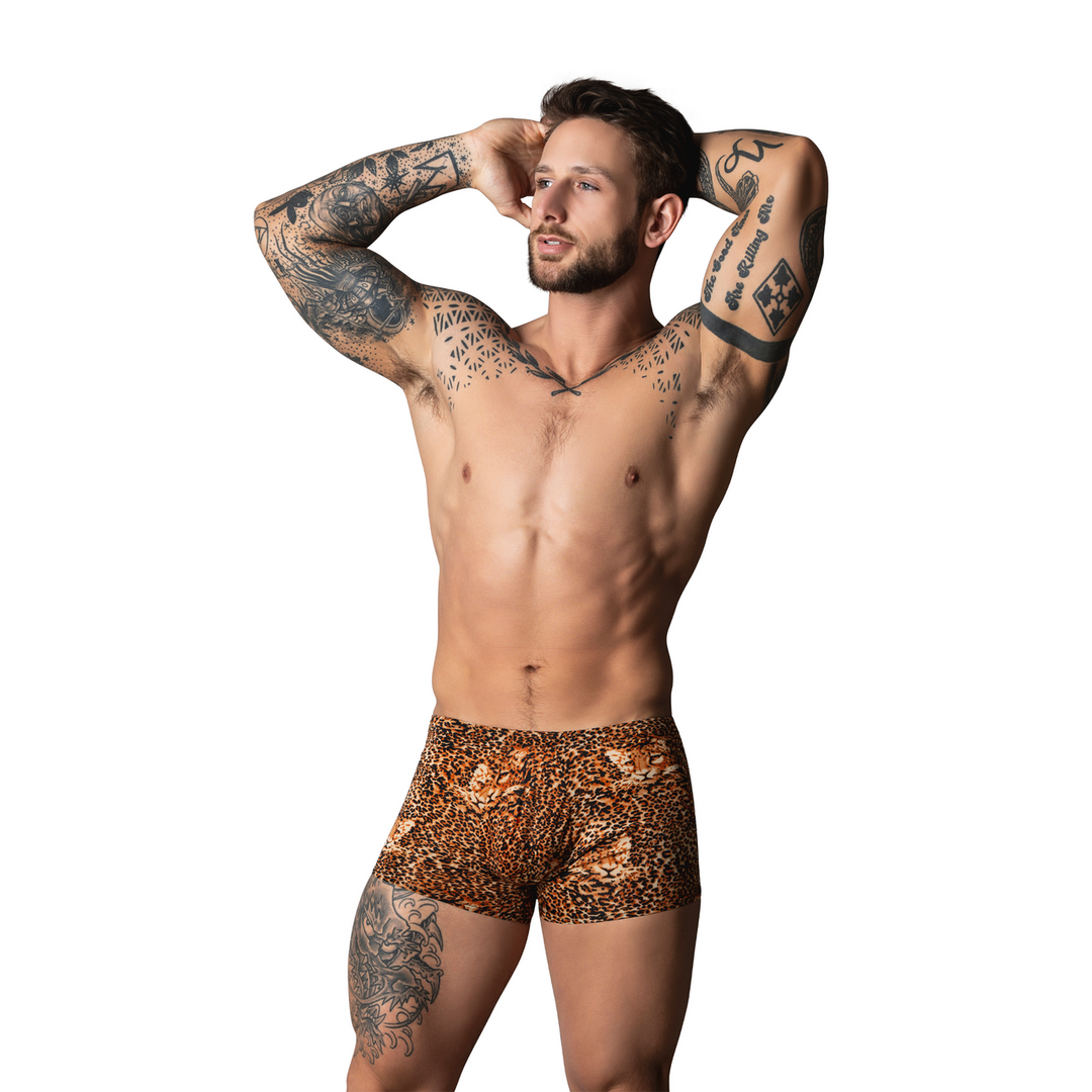 Pouch Short XL Braun Leopard mit schwarzem Cockring | Männliche Kraft