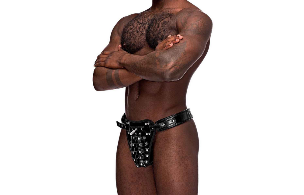 Taurus - Imitation Leather Chastity Cage Thong - One Size - Black
