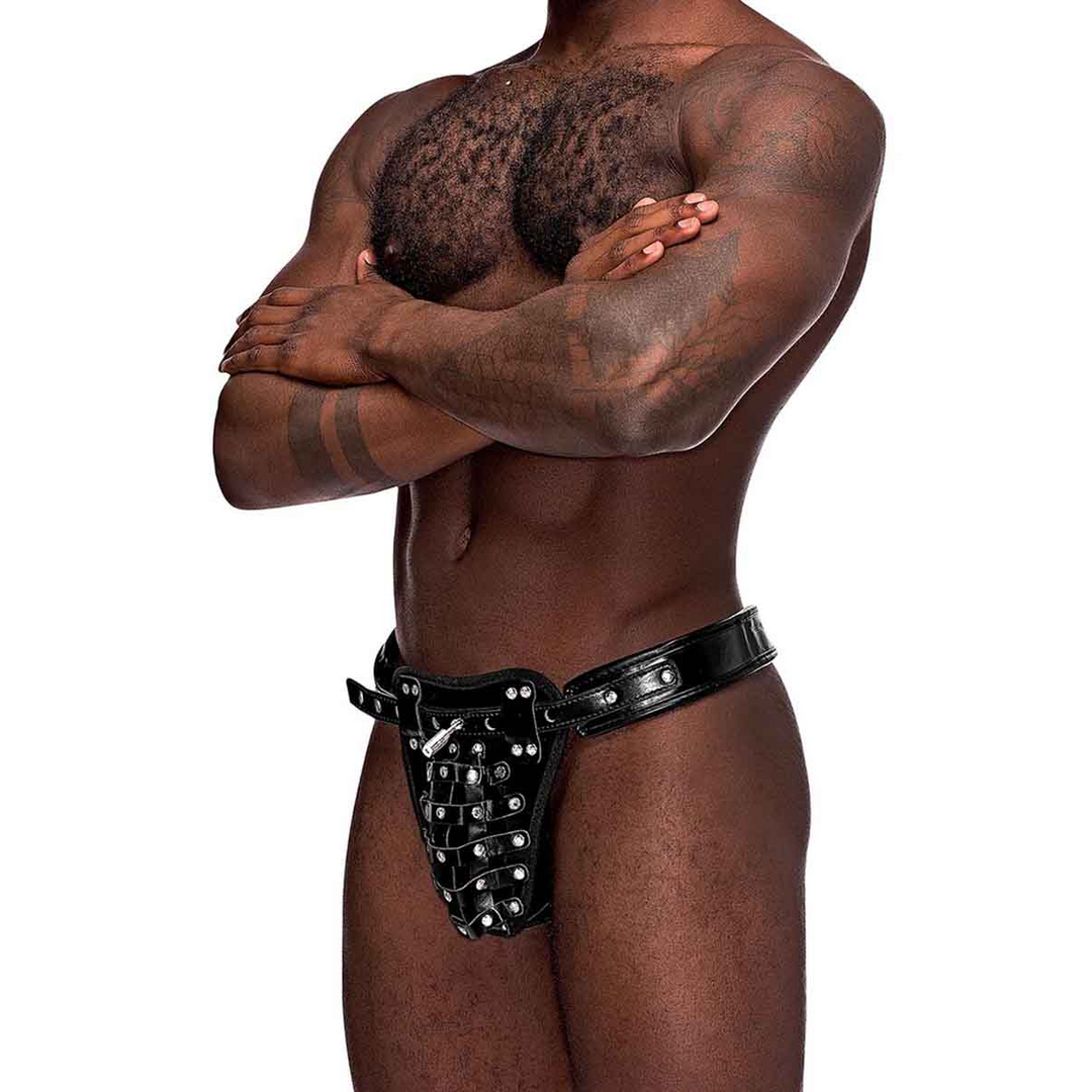 Taurus Chastity Cage Thong Black - One Size PU Leather | Male Power