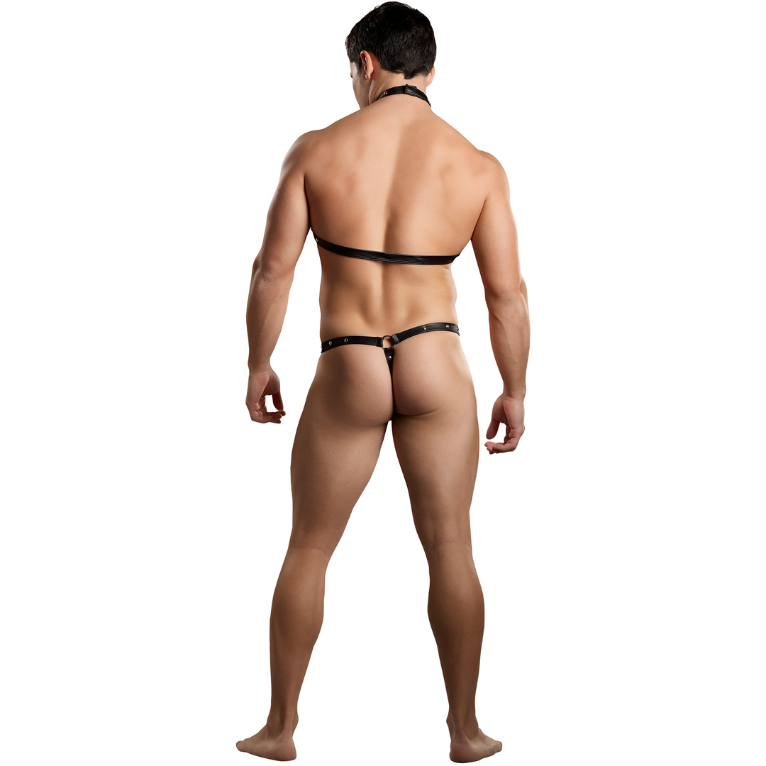 Gladiator - Tanga Bevestigd aan Harnas met Choker - L/XL - Zwart