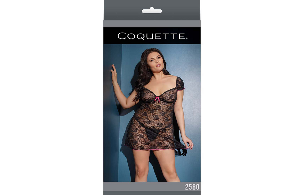 Plus Size Spitzen-Chemise Schwarz Mit Rosa Details | Coquette